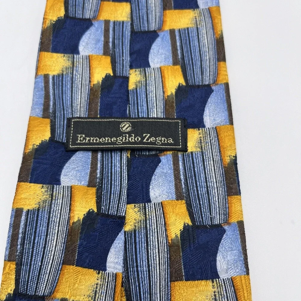 Ermenegildo Zegna Men's Tie Blue Gold Abstract Geometric Luxe Silk Made In Italy